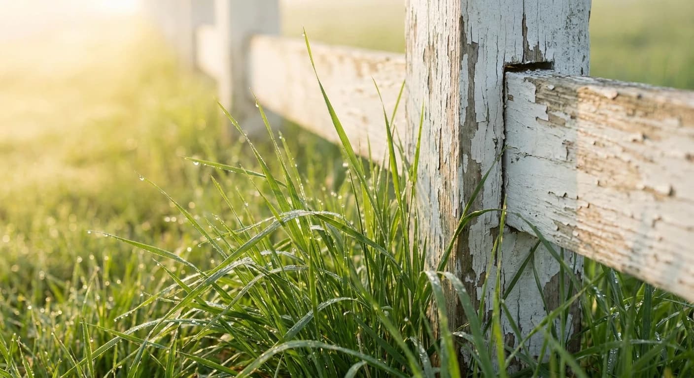 Wide shot of rolling Kentucky bluegrass horse country at golden hour, white fence in foreground, distant barn with bo...