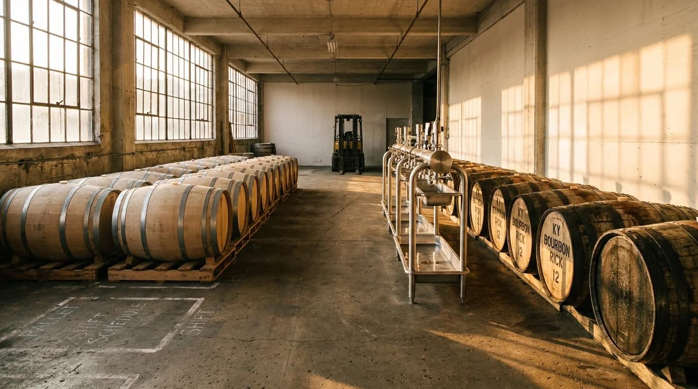 Industrial Kentucky bourbon barrel filling room at end of shift, with empty unfilled white-oak barrels stacked on pallets along one wall and a row of recently filled and bunged barrels along the other, late afternoon golden light through tall industrial windows