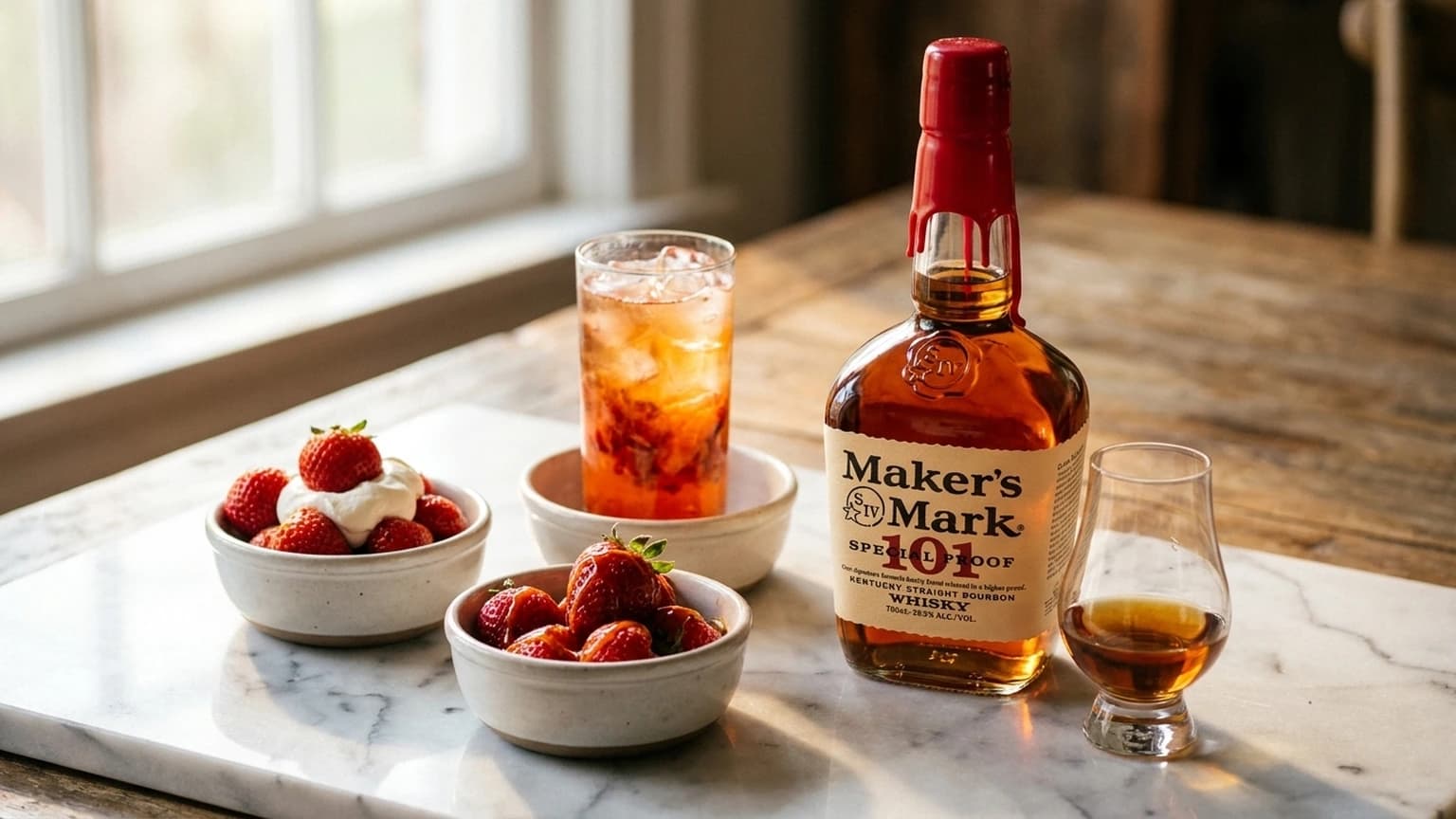 Three small bowls of strawberries showing three serving styles beside a bottle of Maker's Mark and a Glencairn of bourbon on a marble counter