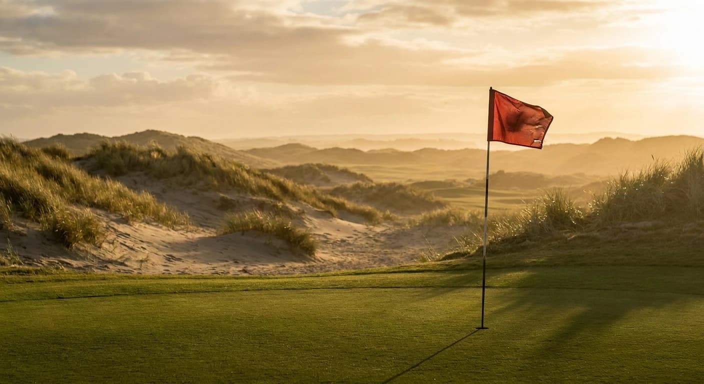 Wide shot of a dramatic U.S. Open-style golf hole with deep rough, narrow fairway, flag on a firm green, late afterno...