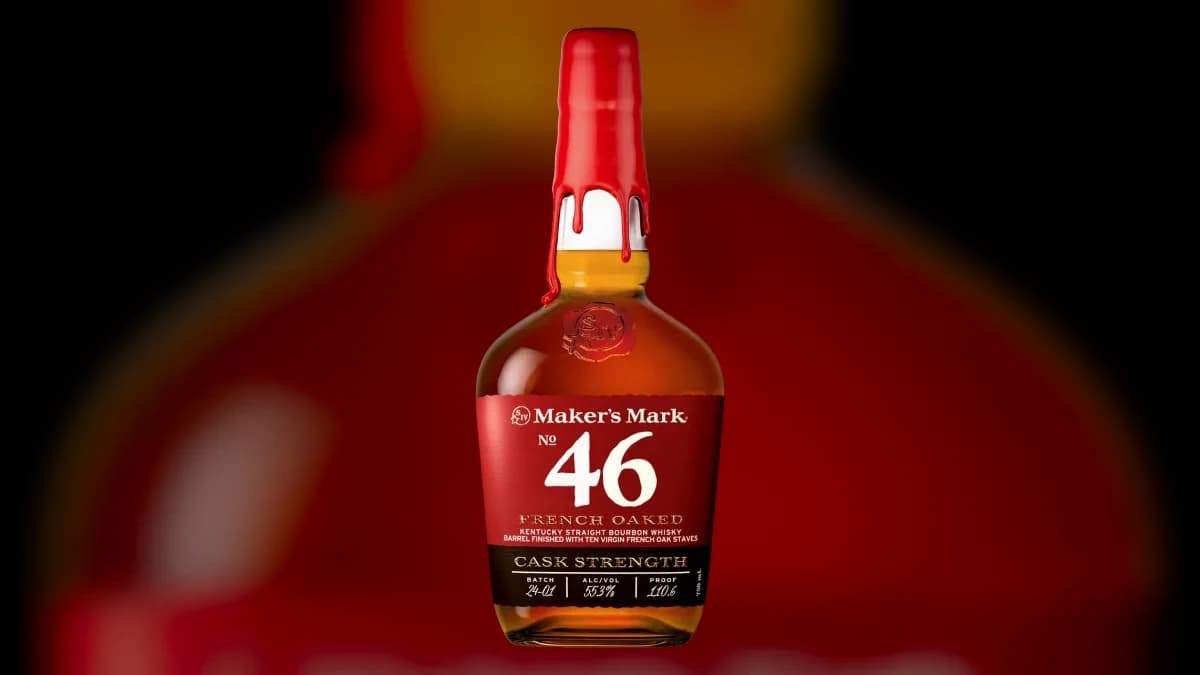 Close-up of a Maker's Mark 46 Cask Strength bourbon label showing proof, barrel finish, and mash bill details.