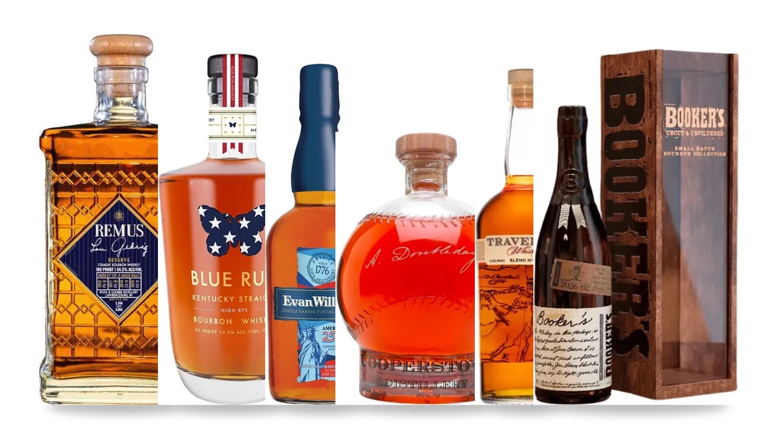 A lineup of 2026 all-star bourbon bottles, including the Cooperstown baseball decanter, Remus Lou Gehrig Reserve, Blue Run, Evan Williams America 250, Traveller, and Booker's