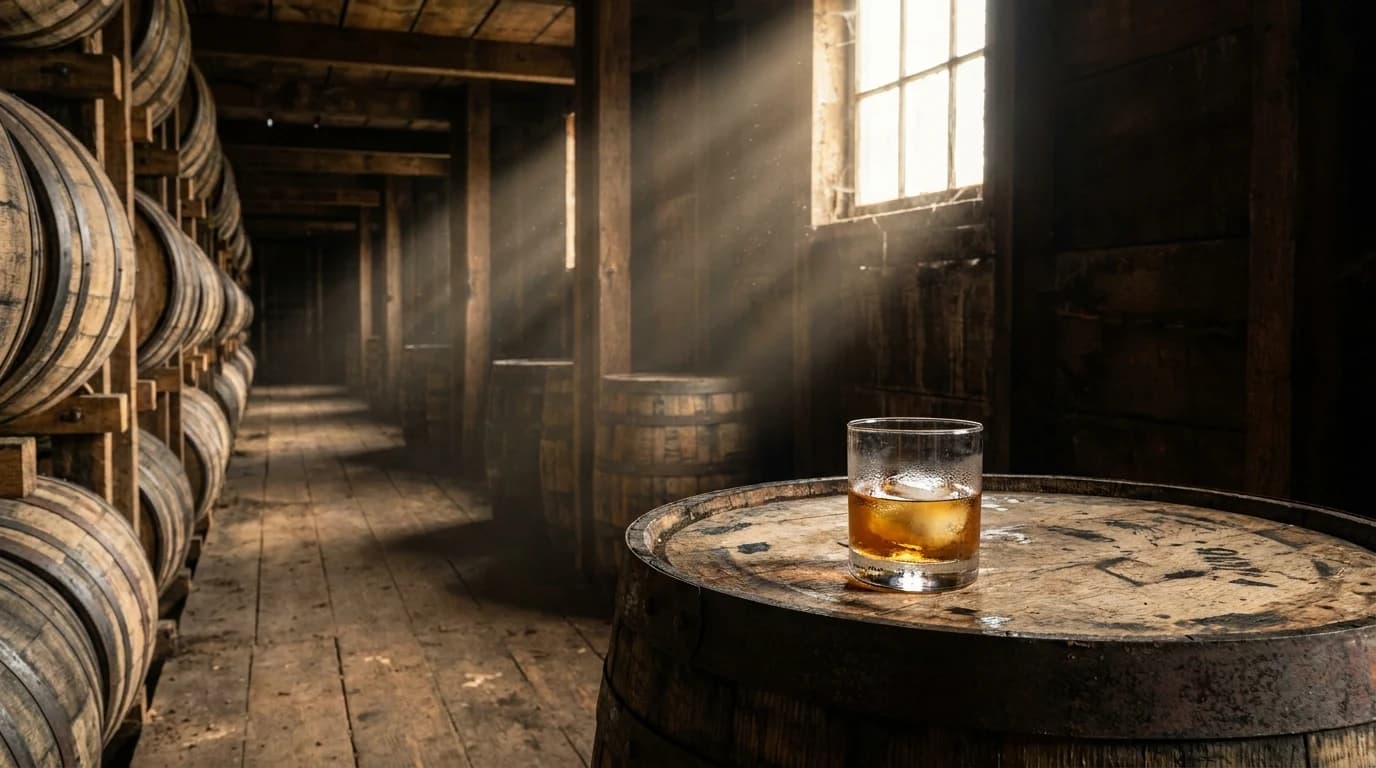 Bourbon bottles from several distilleries lined up on a rickhouse barrel head