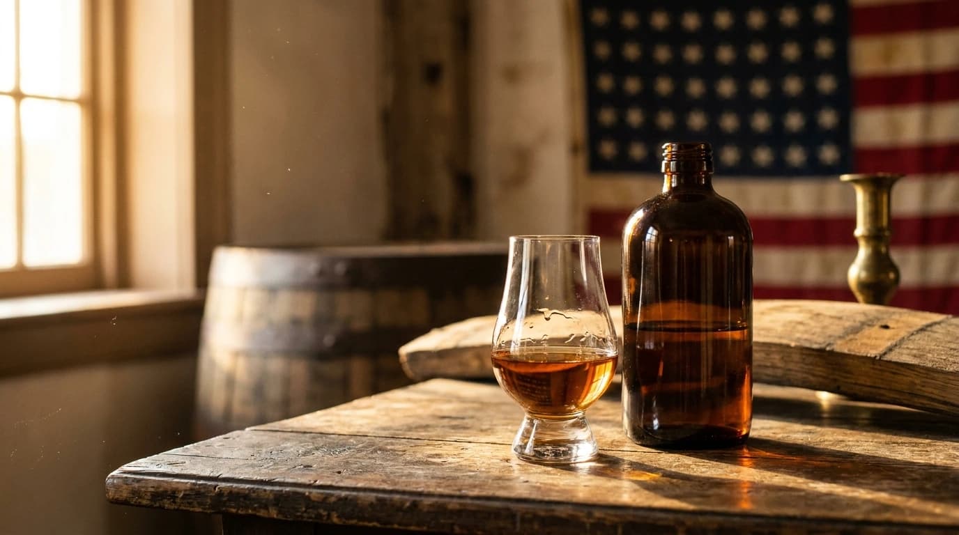 A cask-strength bourbon poured into a Glencairn glass on a colonial-era wooden table, lit by warm Fourth of July afternoon light