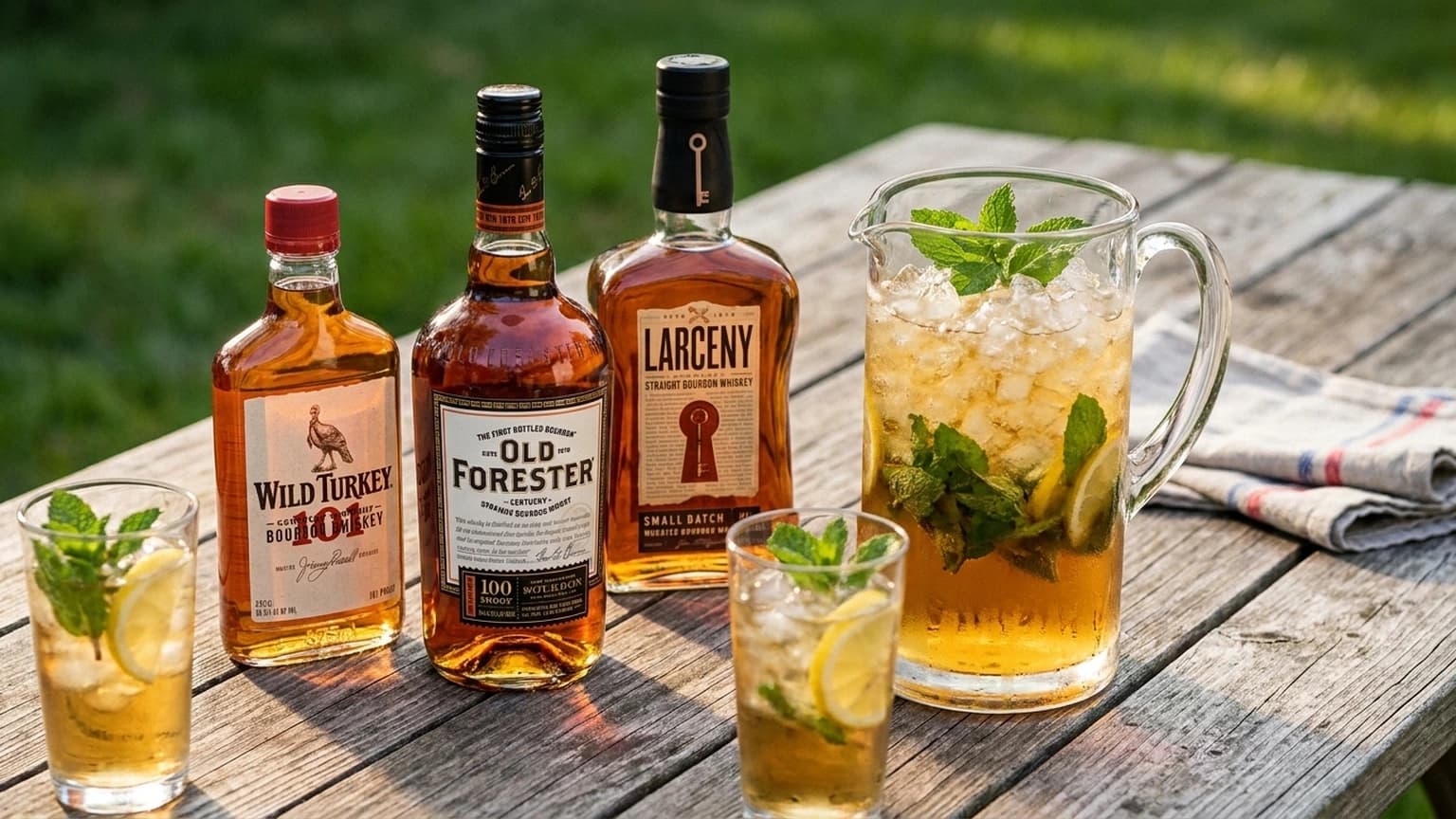 A pitcher of batch bourbon cocktail with mint and ice on an outdoor table
