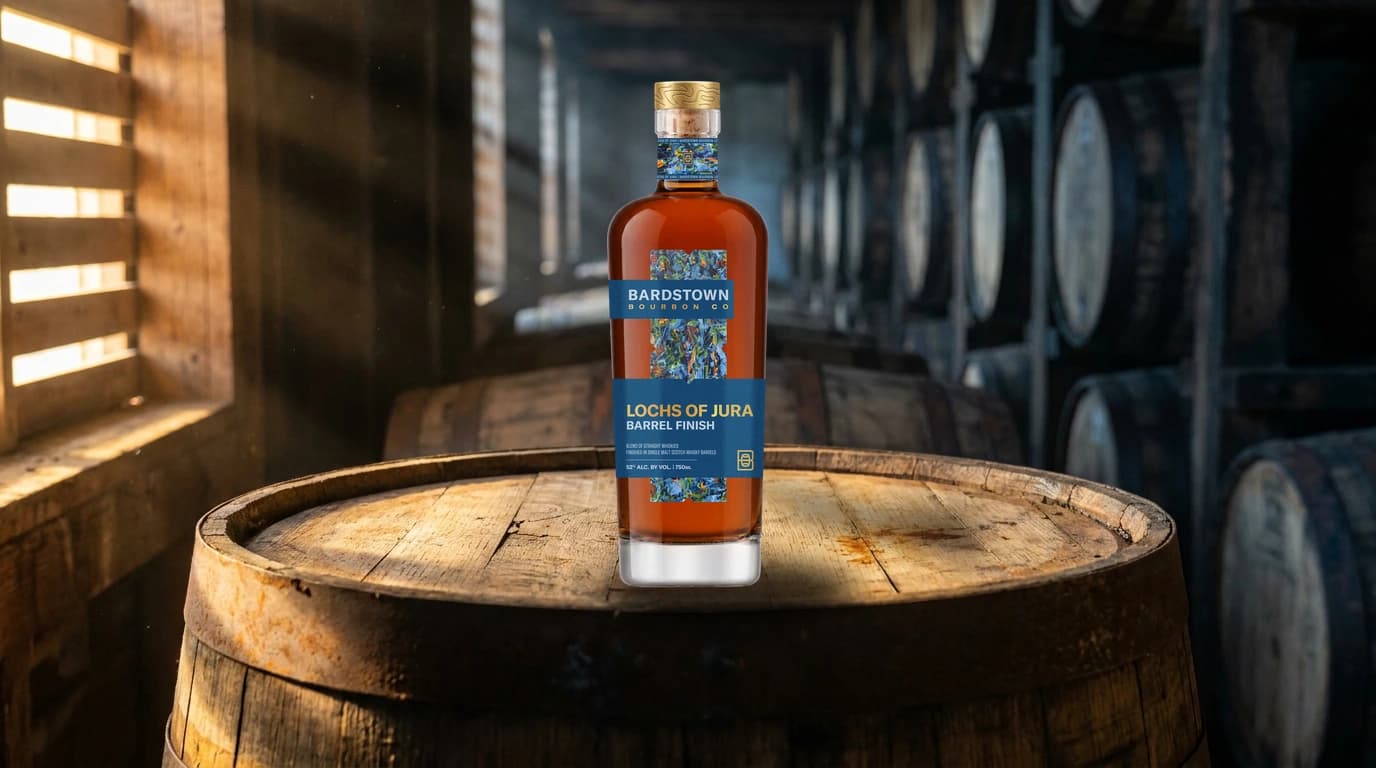 A bottle of Bardstown Bourbon Company's Lochs of Jura Barrel Finish, with its illustrated blue-and-gold island label, standing on a weathered barrel head inside a dim Kentucky rickhouse in low side light