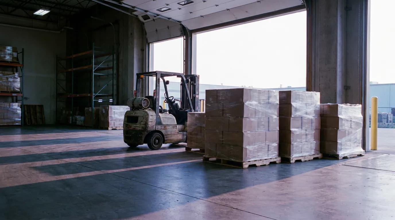 Shrink-wrapped pallets of spirits cases beside an idle forklift on a distribution warehouse loading dock at dawn.